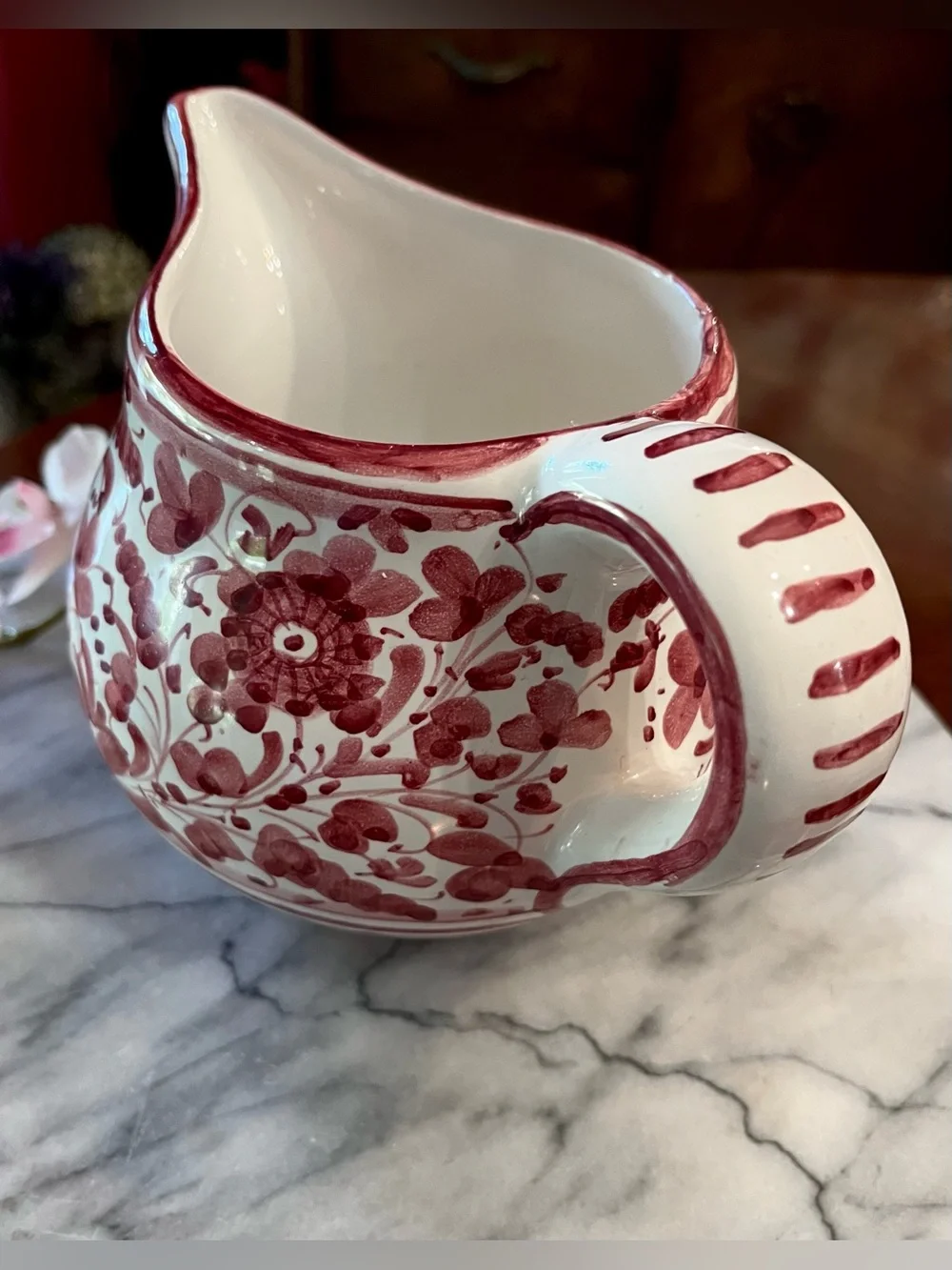 VTG Ceramiche Fidia Deruta Creamer Pitcher Hand Painted Arabesco Red Flower